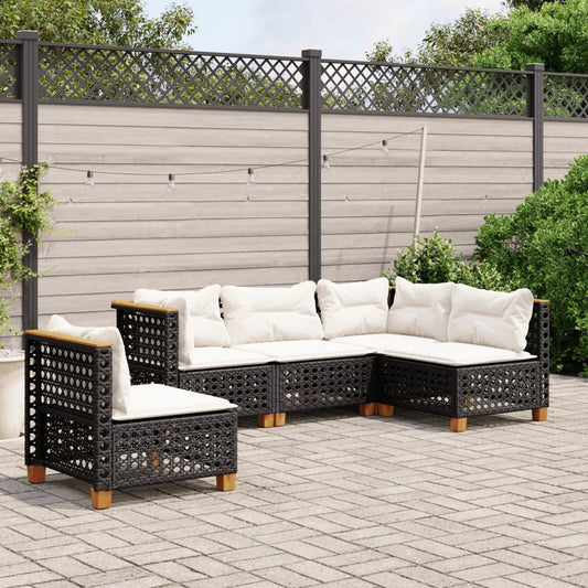 5-tlg. Garten-Sofagarnitur mit Kissen Schwarz Poly Rattan