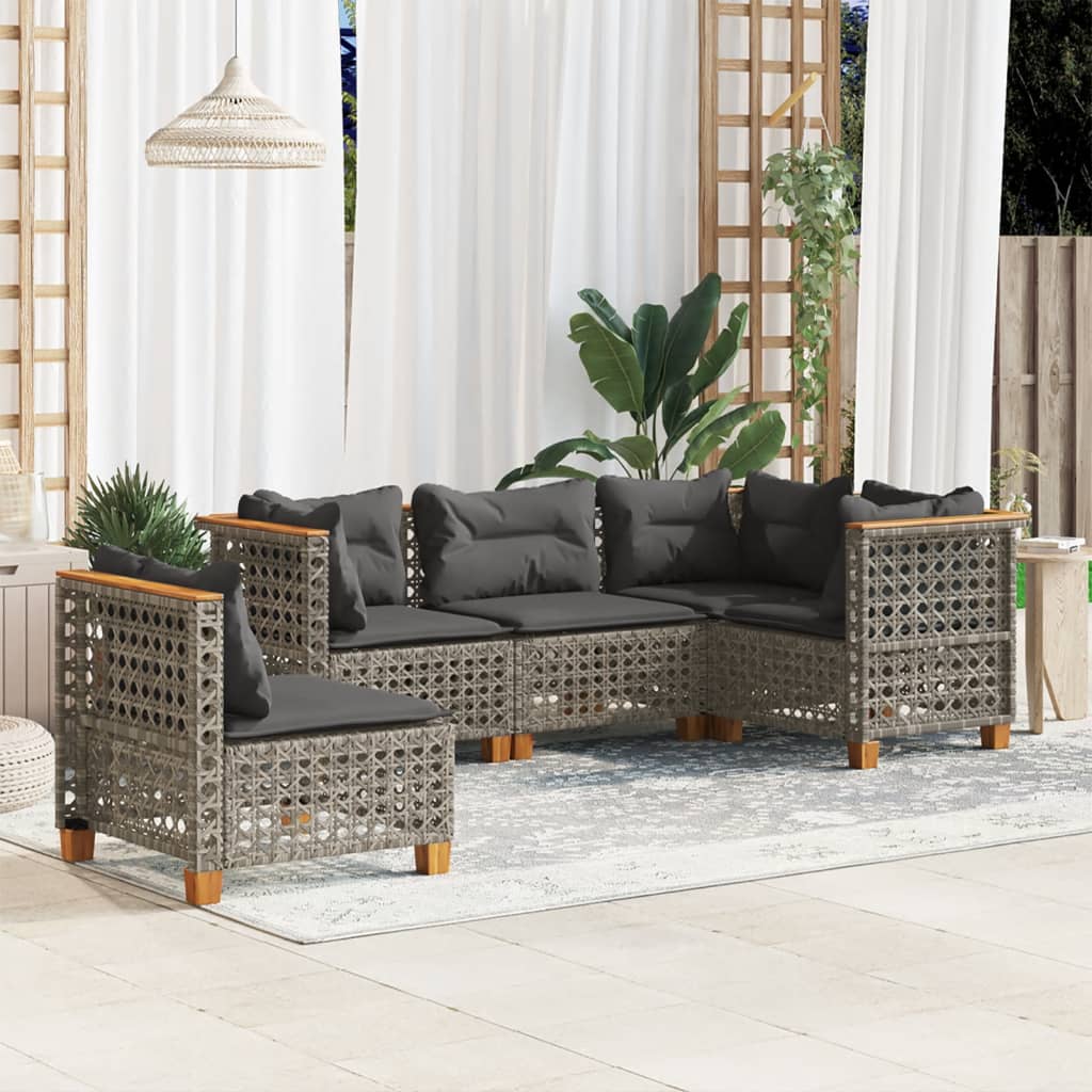 5-tlg. Garten-Sofagarnitur mit Kissen Grau Poly Rattan