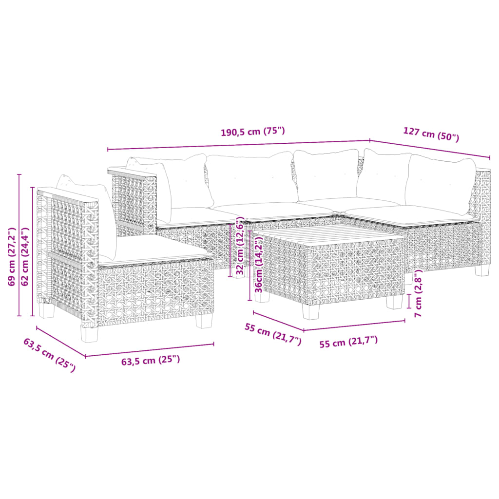 6-tlg. Garten-Sofagarnitur mit Kissen Schwarz Poly Rattan