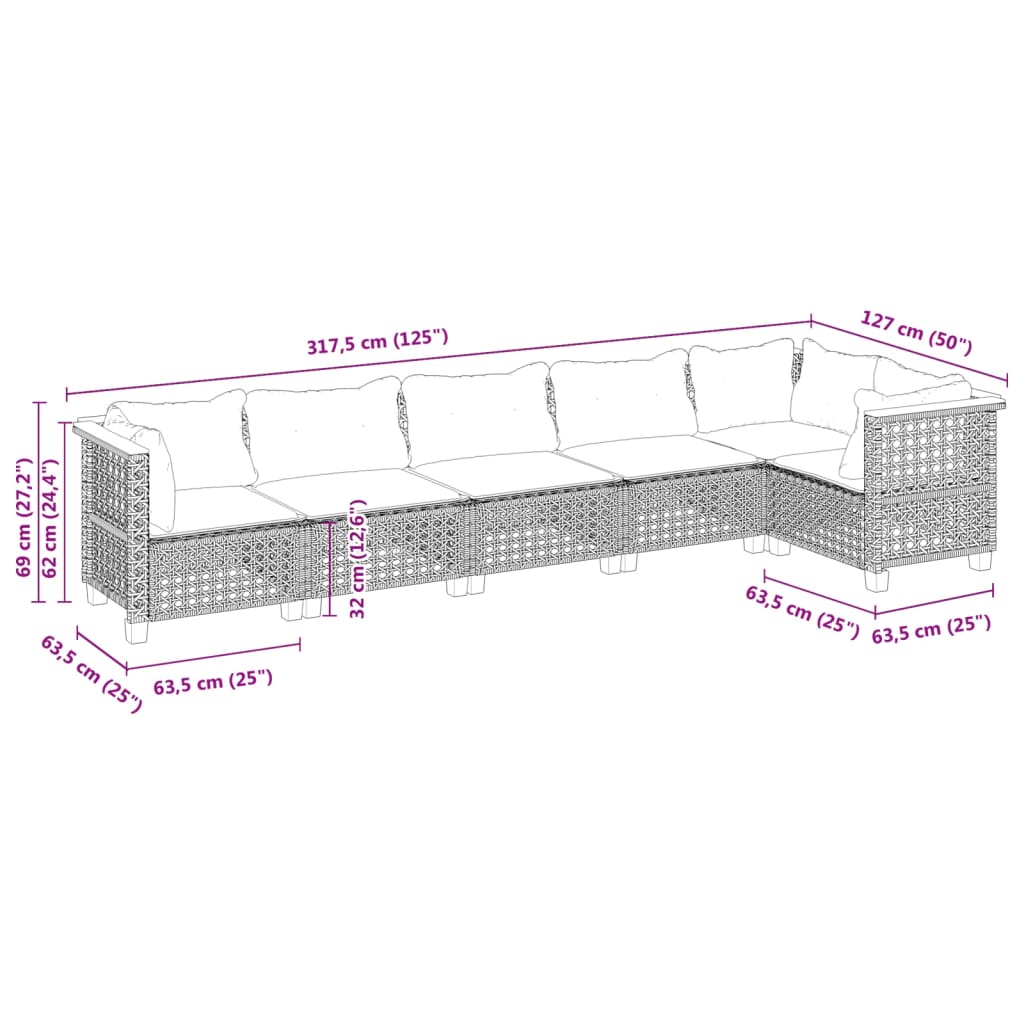 6-tlg. Garten-Sofagarnitur mit Kissen Schwarz Poly Rattan