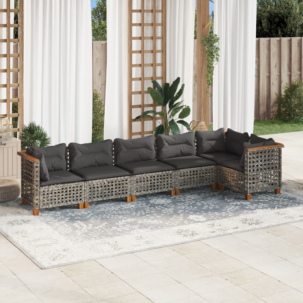 6-tlg. Garten-Sofagarnitur mit Kissen Grau Poly Rattan