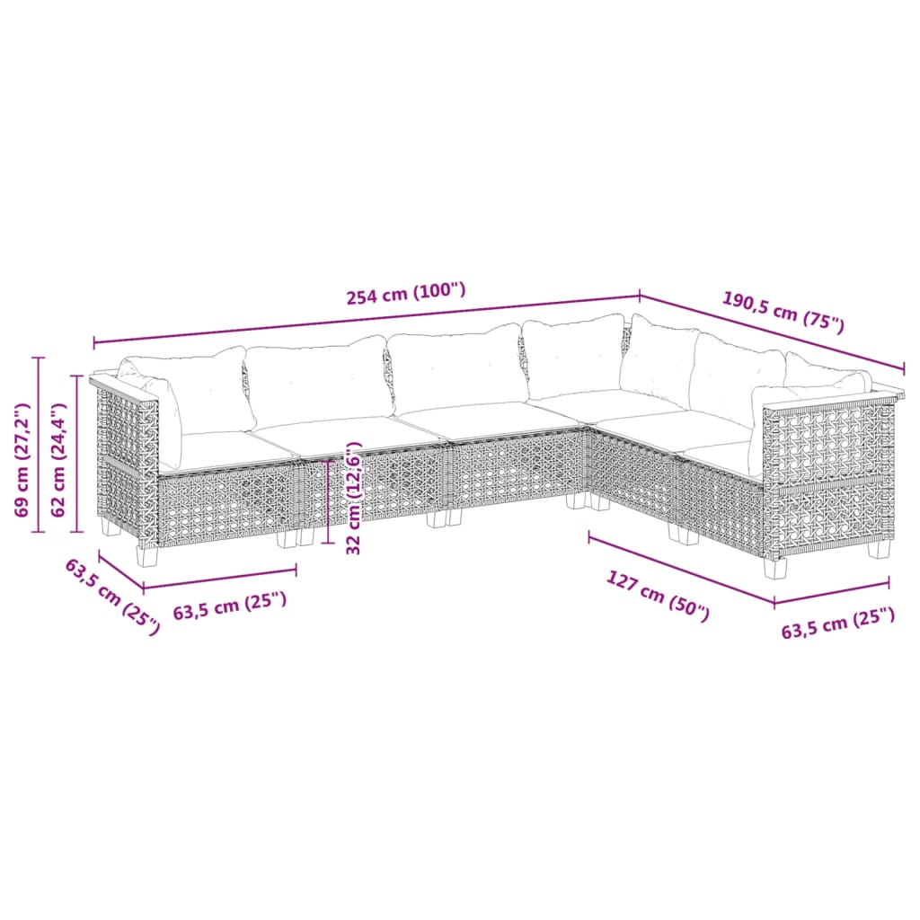 6-tlg. Garten-Sofagarnitur mit Kissen Schwarz Poly Rattan