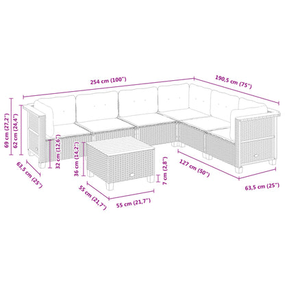 7-tlg. Garten-Sofagarnitur mit Kissen Schwarz Poly Rattan