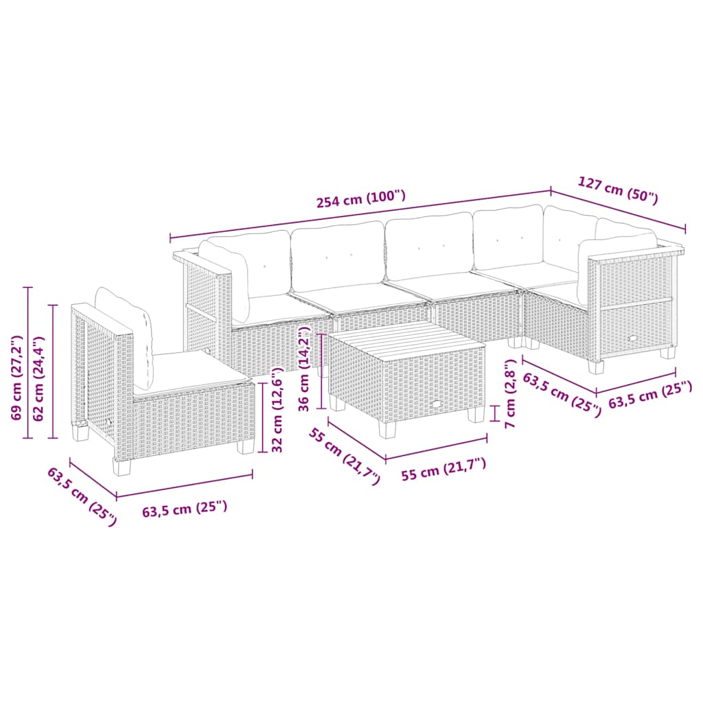 7-tlg. Garten-Sofagarnitur mit Kissen Beige Poly Rattan