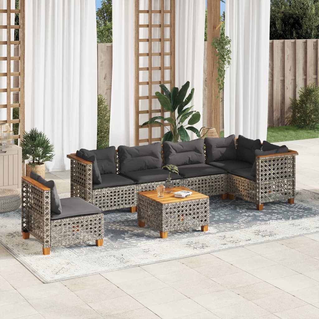 7-tlg. Garten-Sofagarnitur mit Kissen Grau Poly Rattan