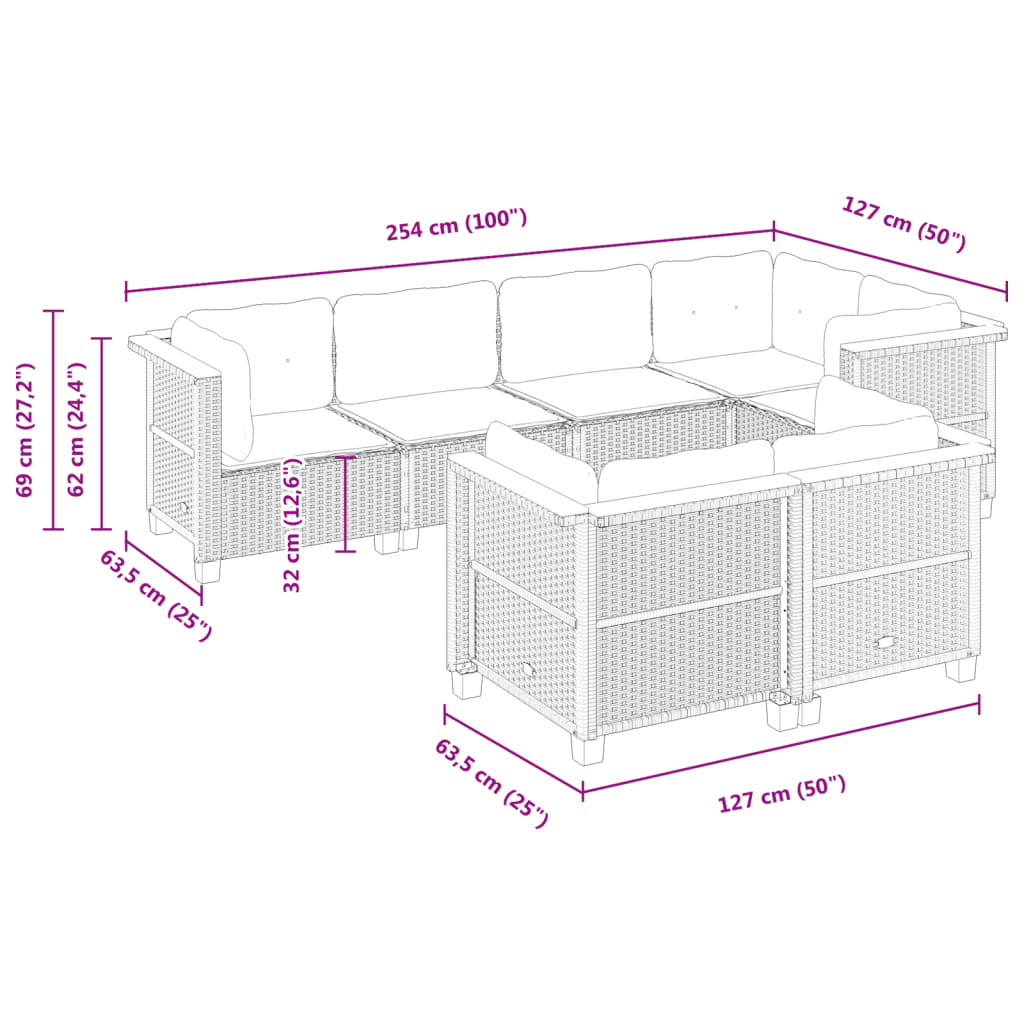 7-tlg. Garten-Sofagarnitur mit Kissen Grau Poly Rattan