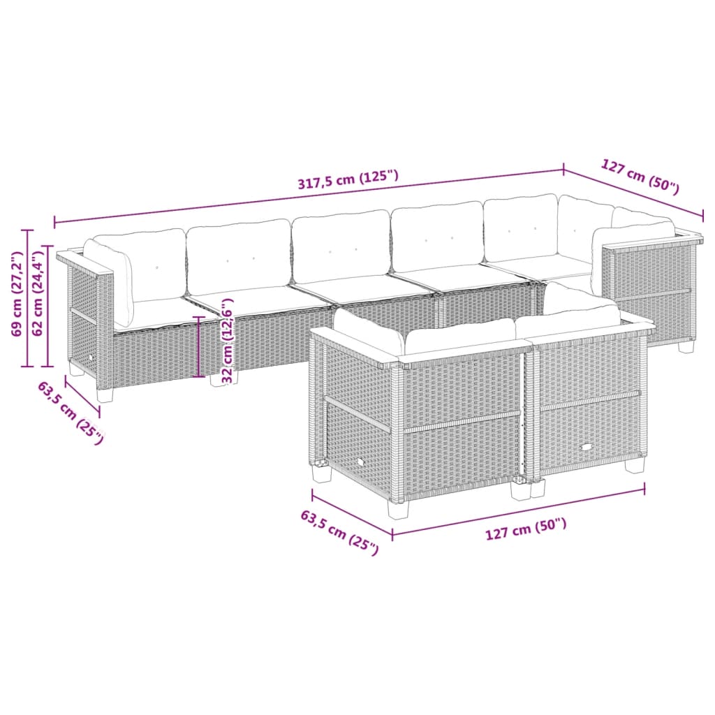 8-tlg. Garten-Sofagarnitur mit Kissen Grau Poly Rattan