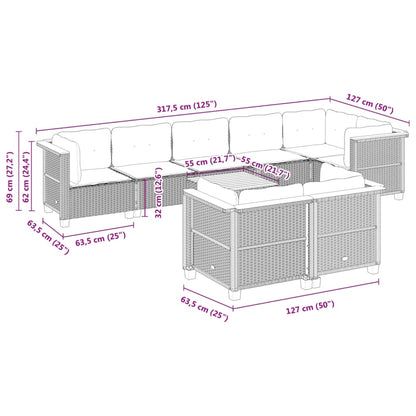 9-tlg. Garten-Sofagarnitur mit Kissen Grau Poly Rattan