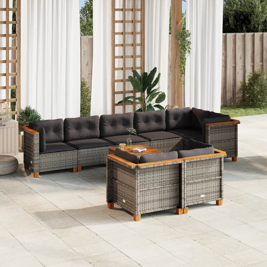 9-tlg. Garten-Sofagarnitur mit Kissen Grau Poly Rattan