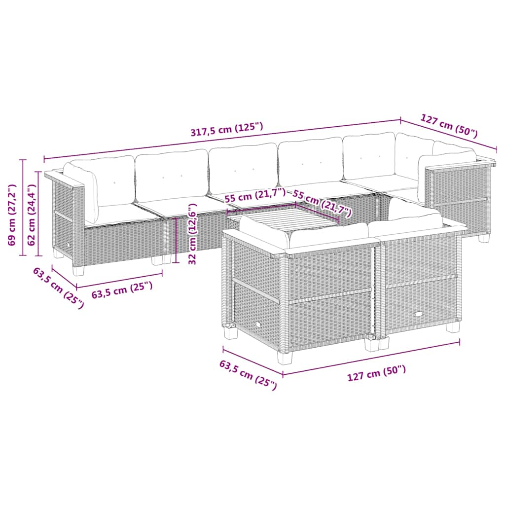 9-tlg. Garten-Sofagarnitur mit Kissen Beige Poly Rattan