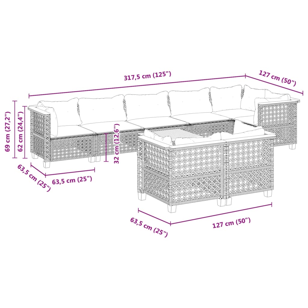 9-tlg. Garten-Sofagarnitur mit Kissen Schwarz Poly Rattan