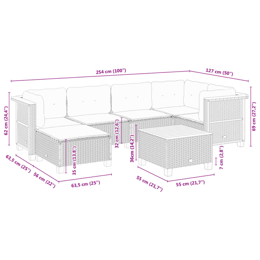 7-tlg. Garten-Sofagarnitur mit Kissen Grau Poly Rattan