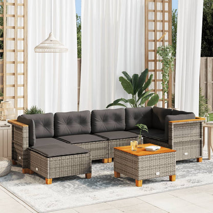 7-tlg. Garten-Sofagarnitur mit Kissen Grau Poly Rattan