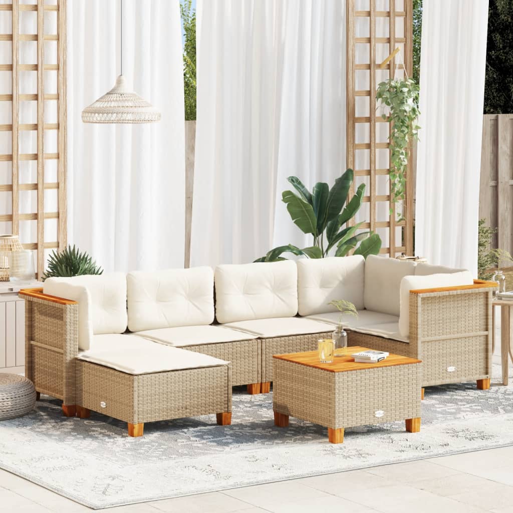 7-tlg. Garten-Sofagarnitur mit Kissen Beige Poly Rattan