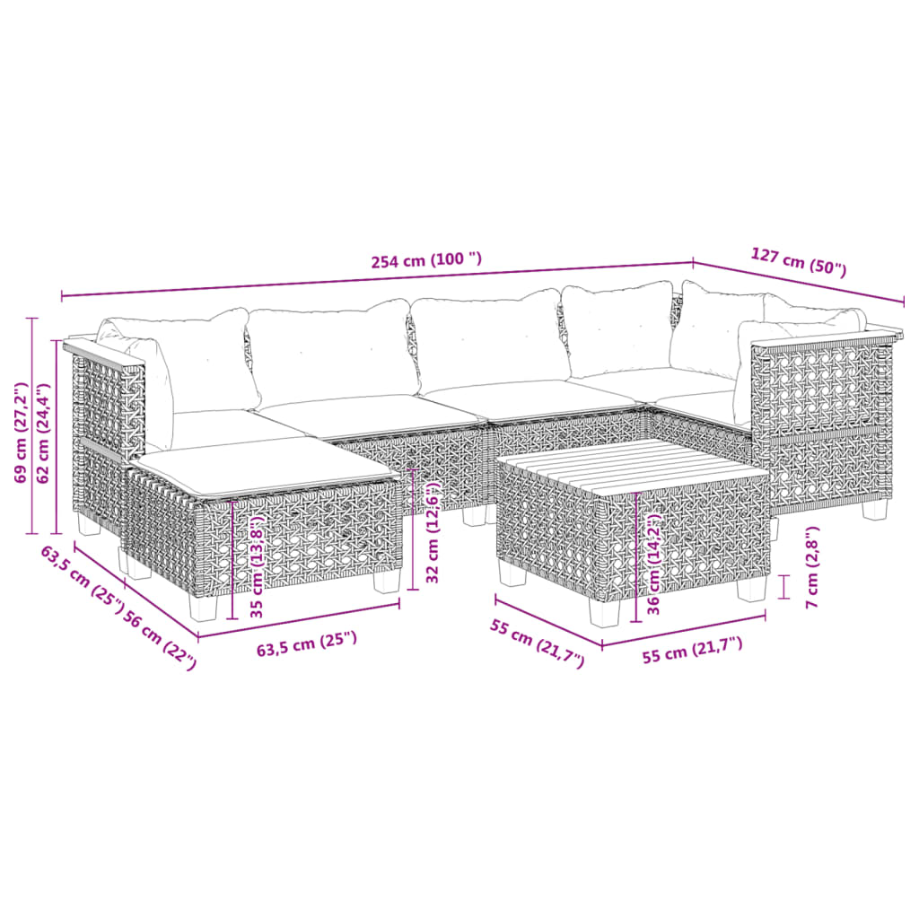 7-tlg. Garten-Sofagarnitur mit Kissen Schwarz Poly Rattan