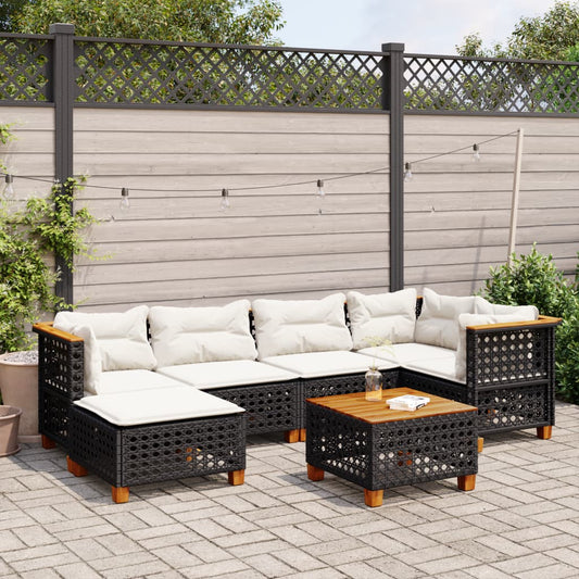 7-tlg. Garten-Sofagarnitur mit Kissen Schwarz Poly Rattan