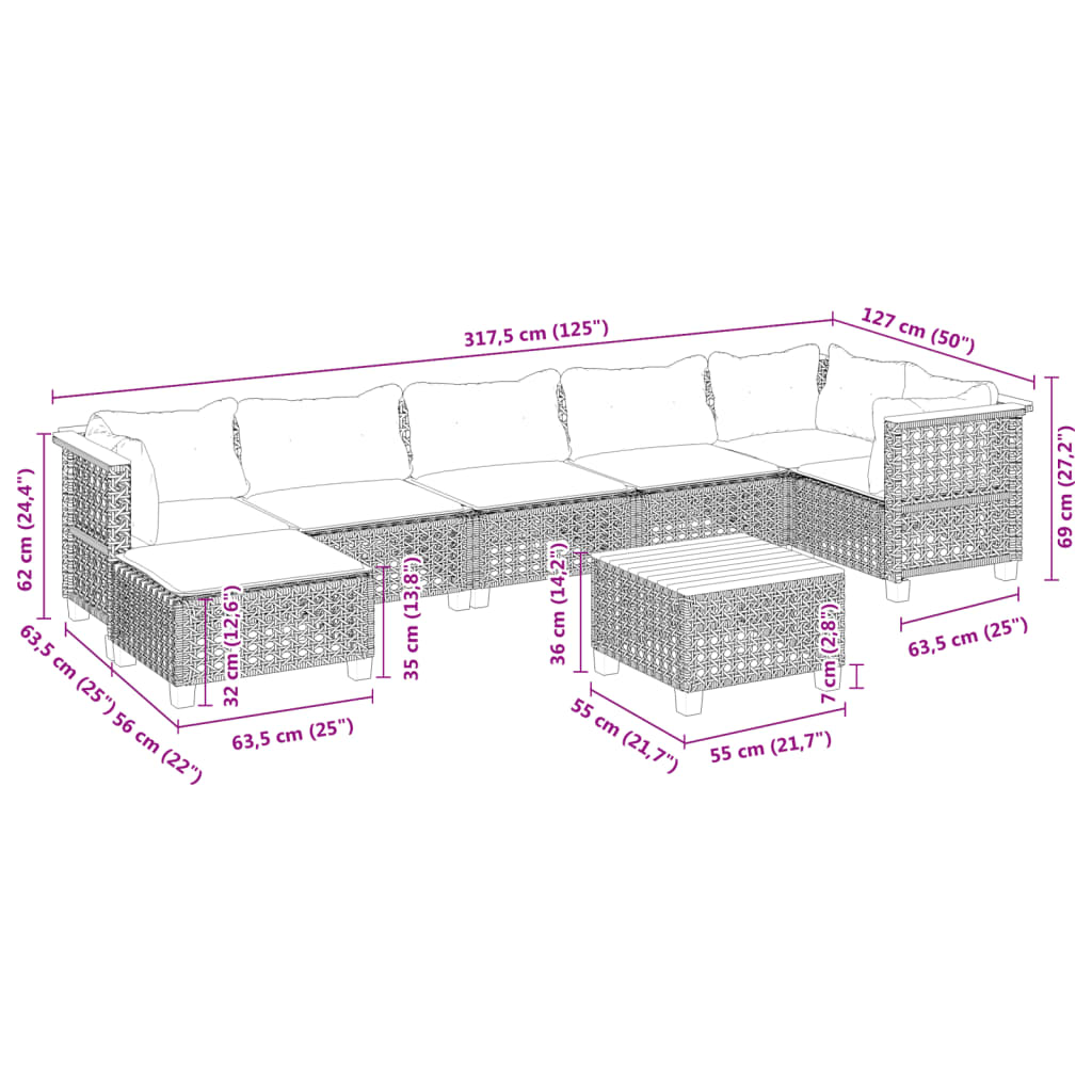 8-tlg. Garten-Sofagarnitur mit Kissen Grau Poly Rattan