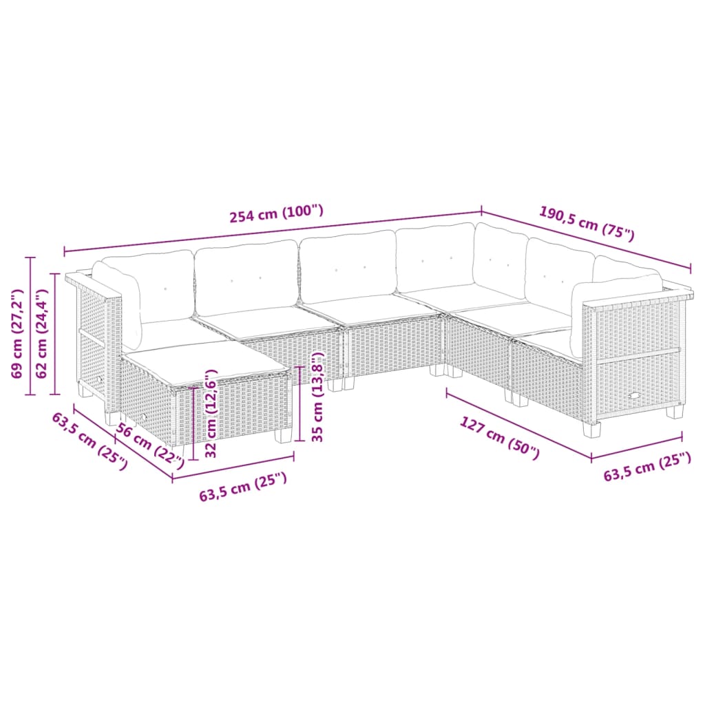 7-tlg. Garten-Sofagarnitur mit Kissen Grau Poly Rattan