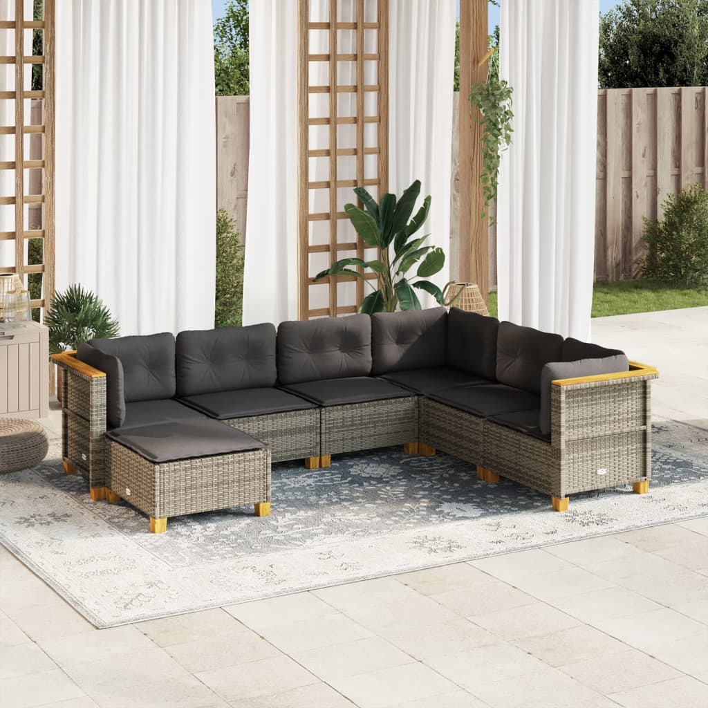 7-tlg. Garten-Sofagarnitur mit Kissen Grau Poly Rattan