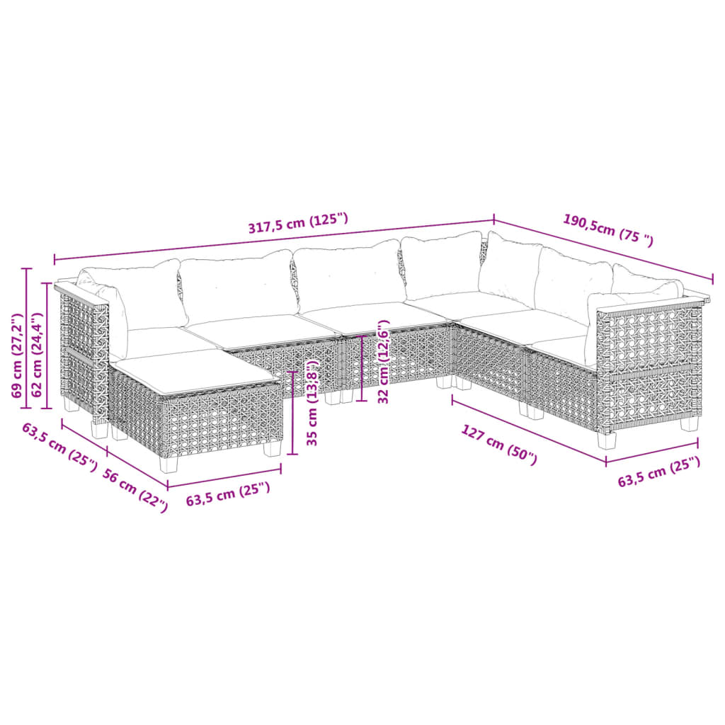 7-tlg. Garten-Sofagarnitur mit Kissen Schwarz Poly Rattan