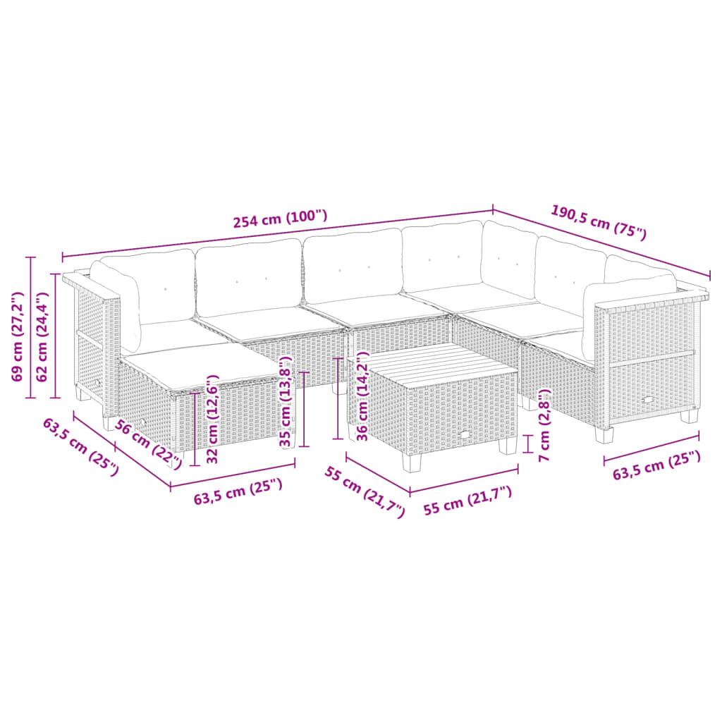 8-tlg. Garten-Sofagarnitur mit Kissen Schwarz Poly Rattan