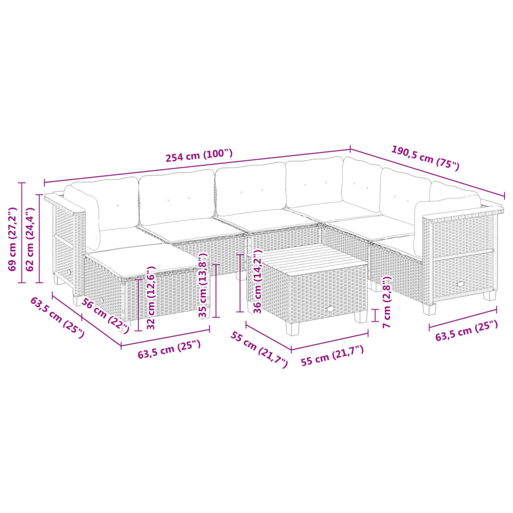 8-tlg. Garten-Sofagarnitur mit Kissen Grau Poly Rattan