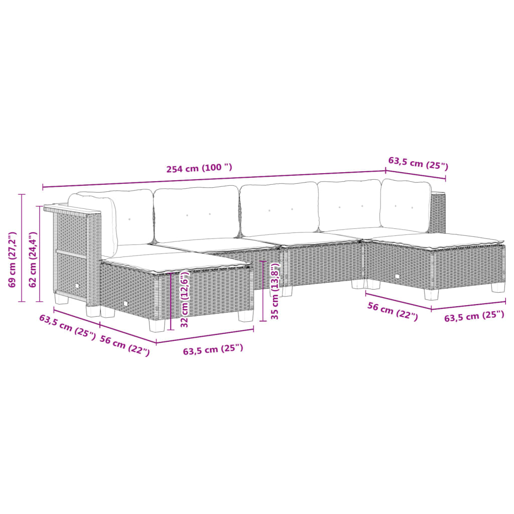 6-tlg. Garten-Sofagarnitur mit Kissen Grau Poly Rattan