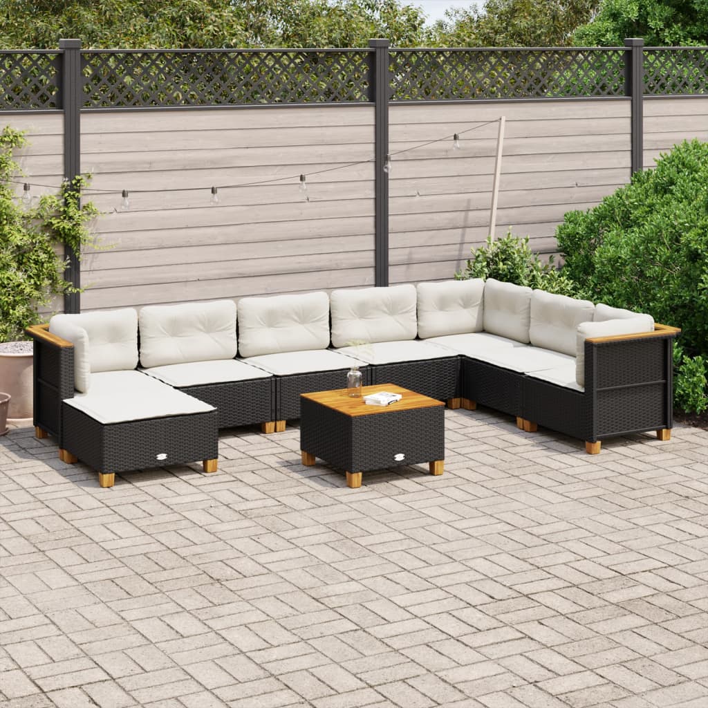 9-tlg. Garten-Sofagarnitur mit Kissen Schwarz Poly Rattan