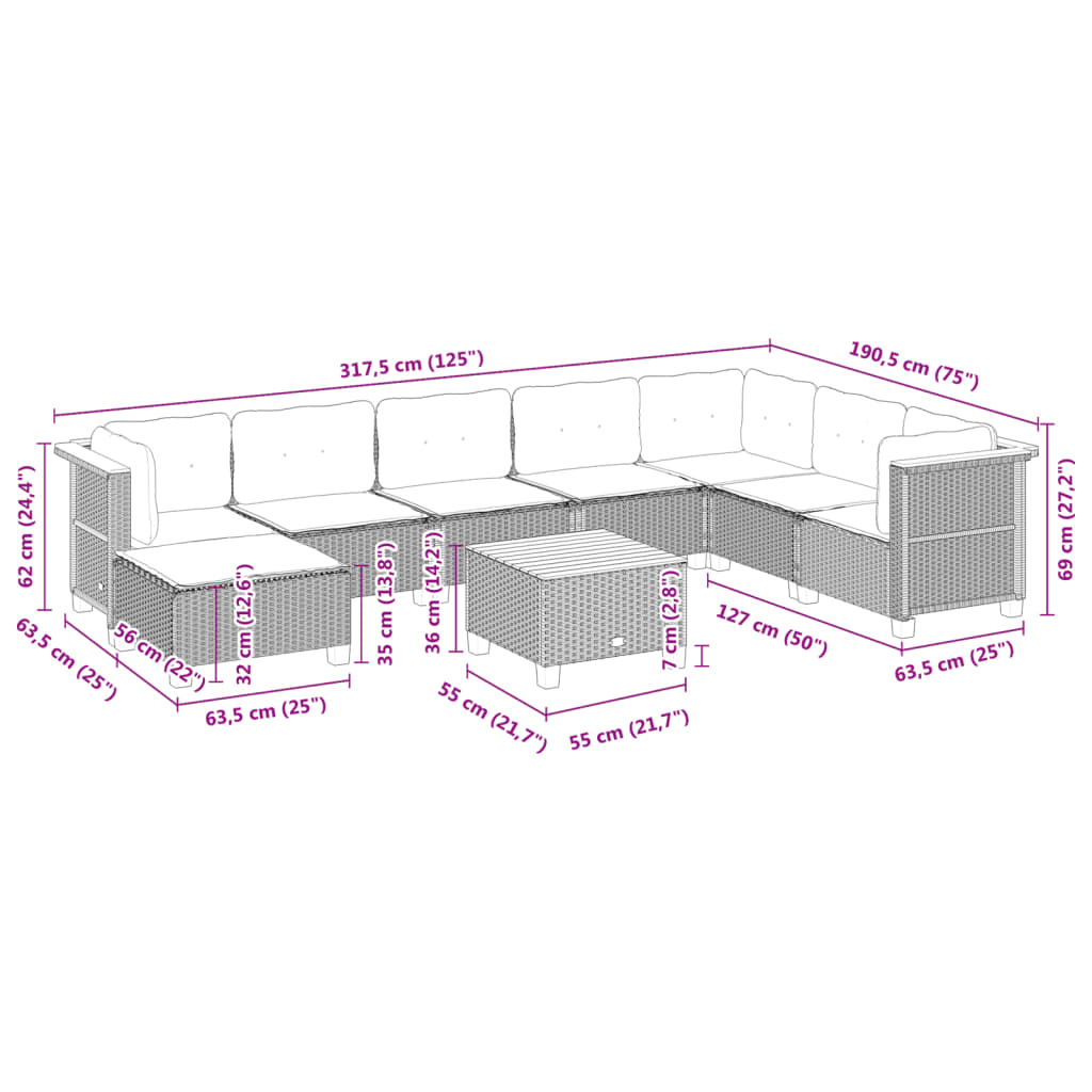 9-tlg. Garten-Sofagarnitur mit Kissen Grau Poly Rattan