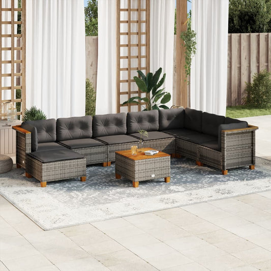 9-tlg. Garten-Sofagarnitur mit Kissen Grau Poly Rattan