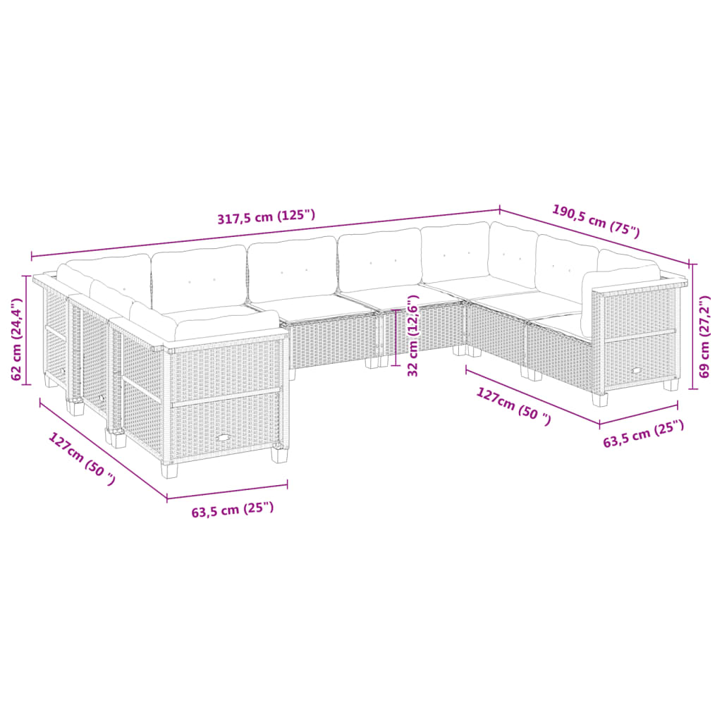 9-tlg. Garten-Sofagarnitur mit Kissen Schwarz Poly Rattan