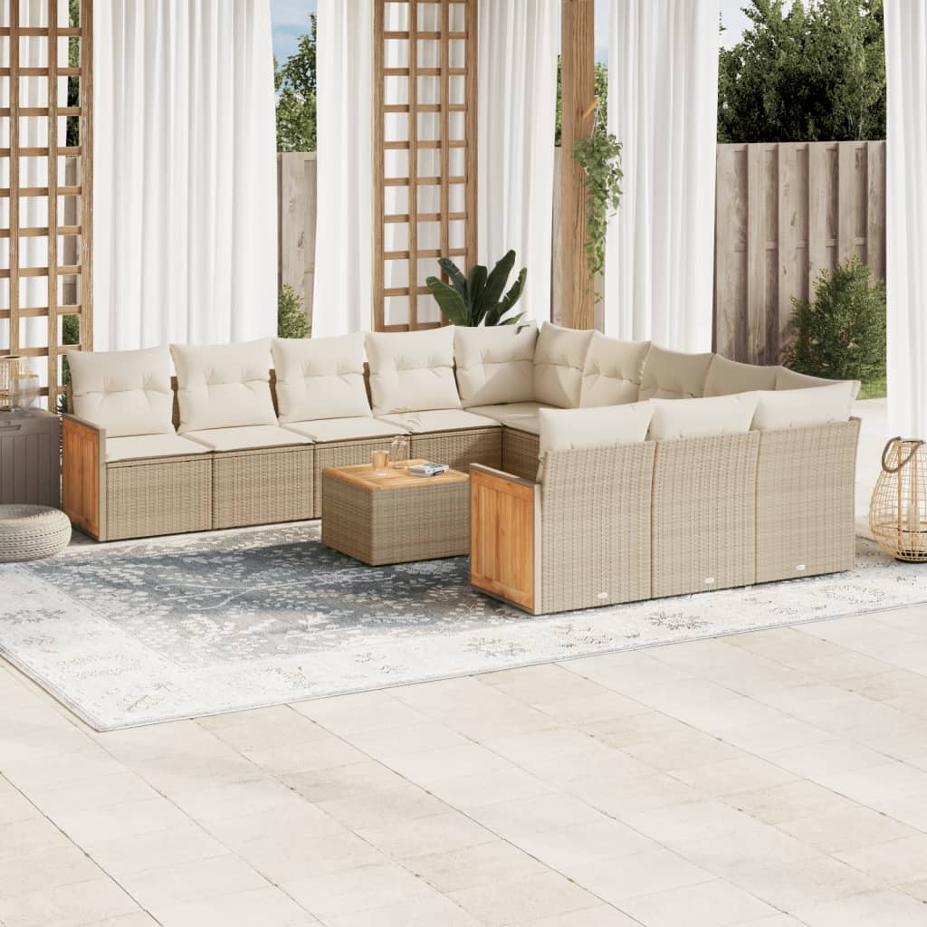 12-tlg. Garten-Sofagarnitur mit Kissen Beige Poly Rattan