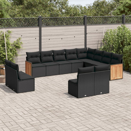 12-tlg. Garten-Sofagarnitur mit Kissen Schwarz Poly Rattan