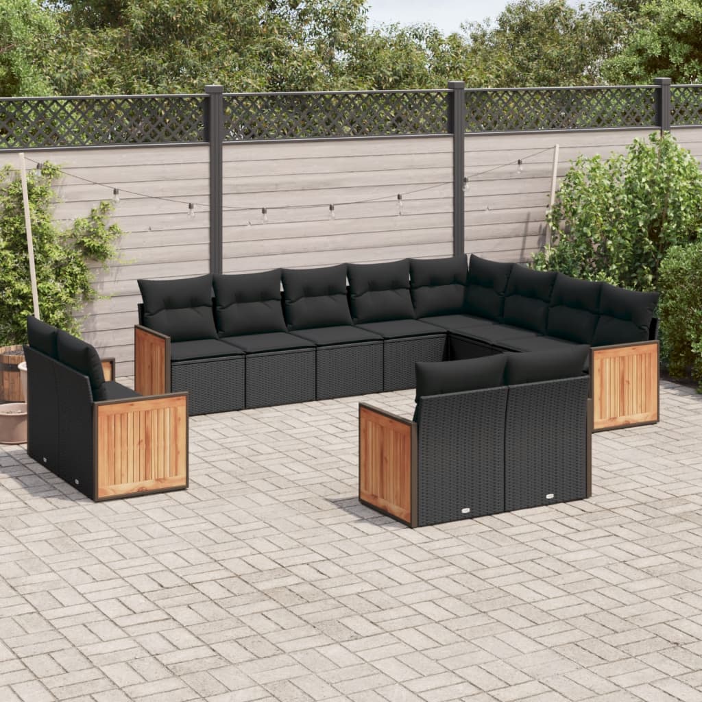 12-tlg. Garten-Sofagarnitur mit Kissen Schwarz Poly Rattan