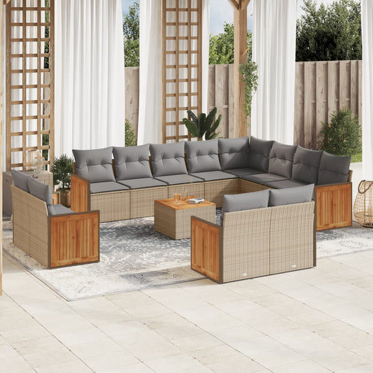 13-tlg. Garten-Sofagarnitur mit Kissen Beige Poly Rattan