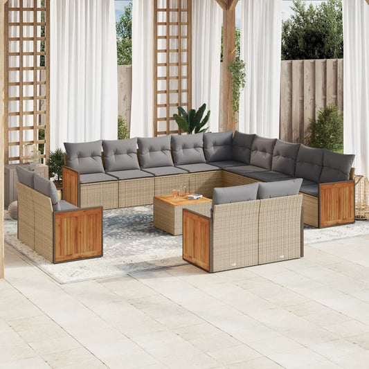 14-tlg. Garten-Sofagarnitur mit Kissen Beige Poly Rattan