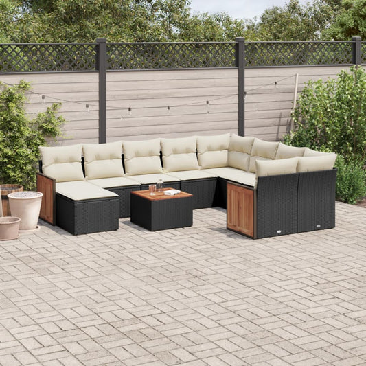 11-tlg. Garten-Sofagarnitur mit Kissen Schwarz Poly Rattan