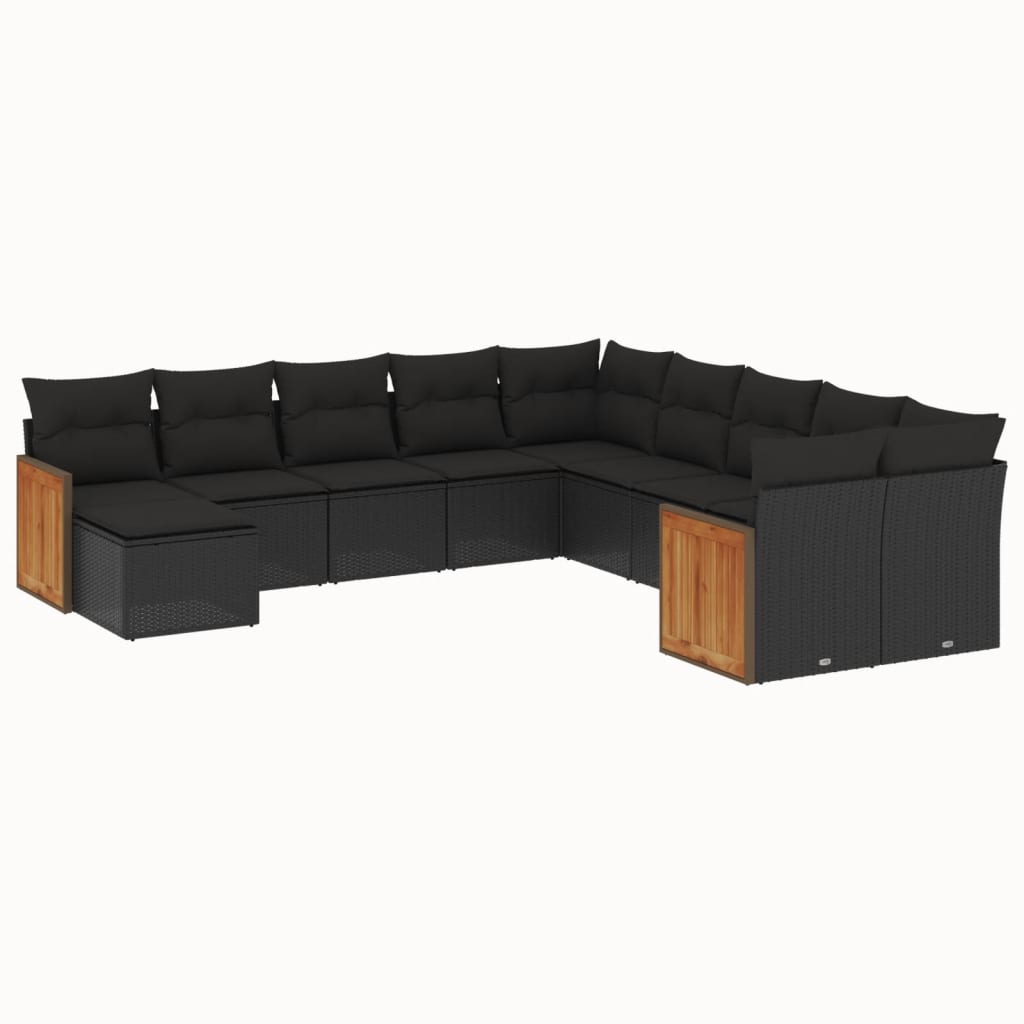 11-tlg. Garten-Sofagarnitur mit Kissen Schwarz Poly Rattan