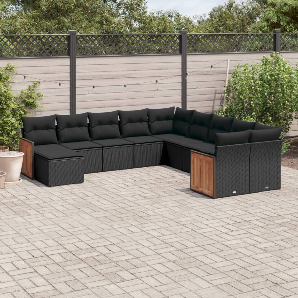 11-tlg. Garten-Sofagarnitur mit Kissen Schwarz Poly Rattan