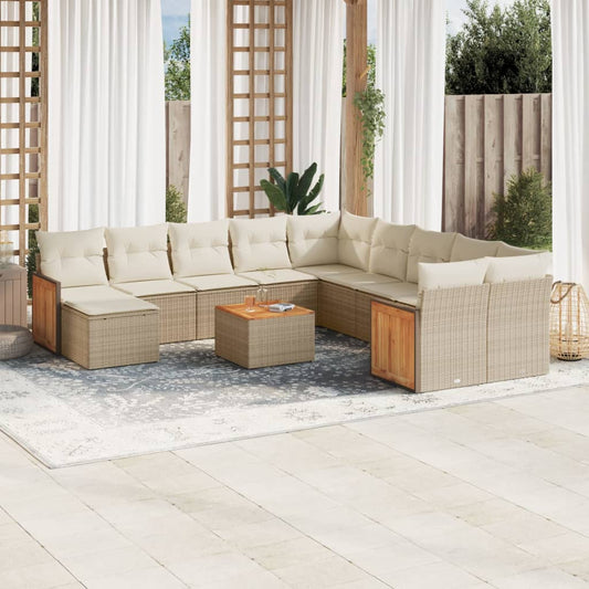 12-tlg. Garten-Sofagarnitur mit Kissen Beige Poly Rattan