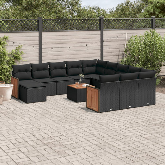 13-tlg. Garten-Sofagarnitur mit Kissen Schwarz Poly Rattan