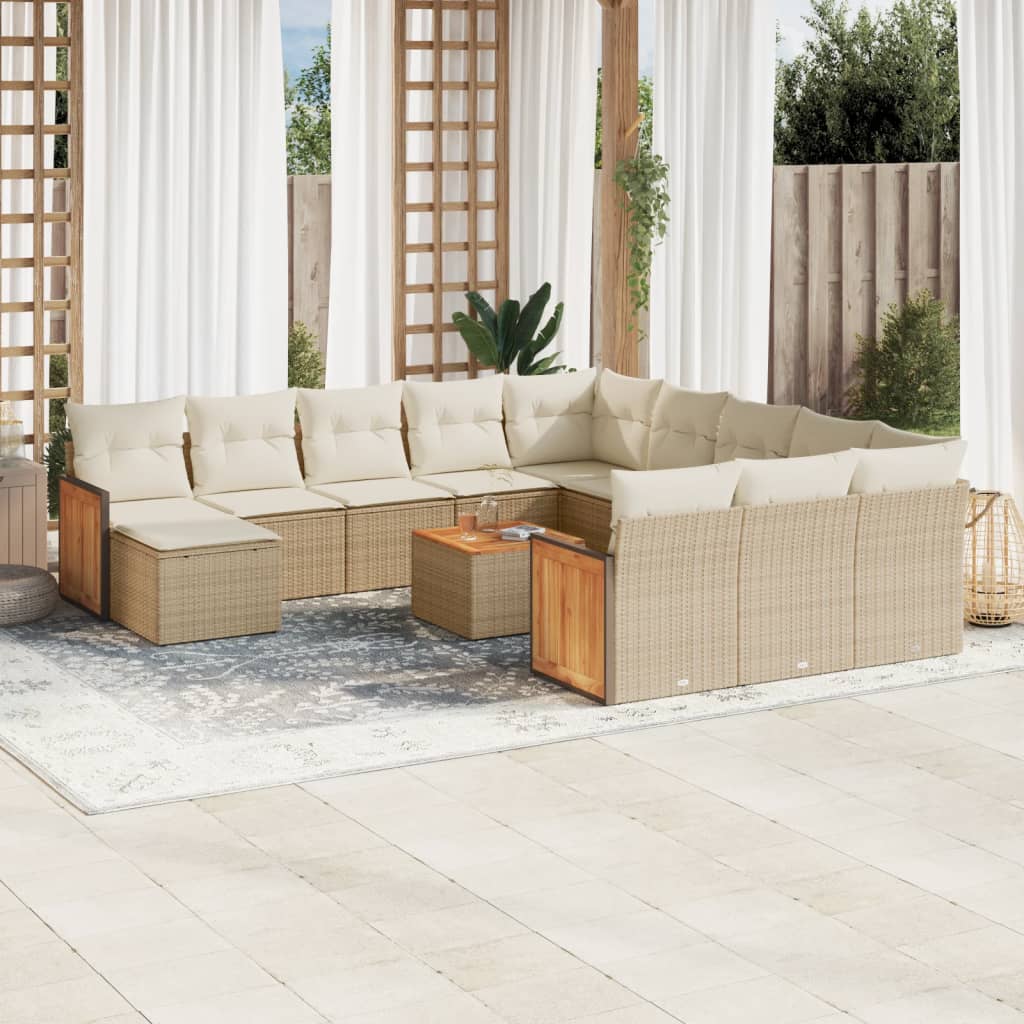 13-tlg. Garten-Sofagarnitur mit Kissen Beige Poly Rattan