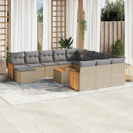 13-tlg. Garten-Sofagarnitur mit Kissen Beige Poly Rattan