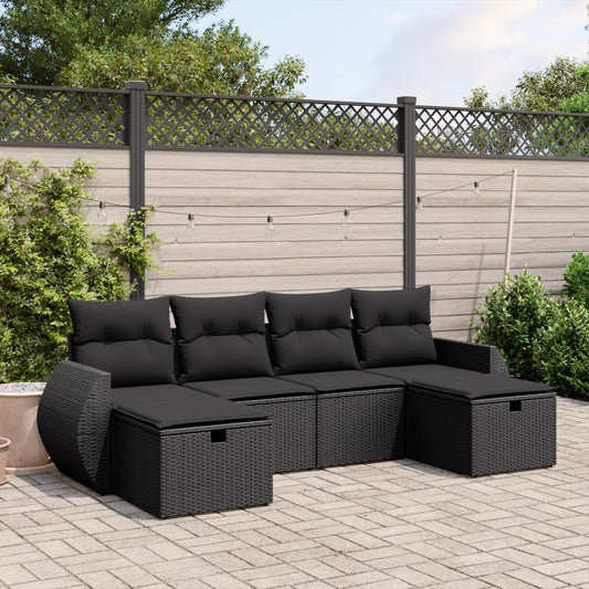 6-tlg. Garten-Sofagarnitur mit Kissen Schwarz Poly Rattan