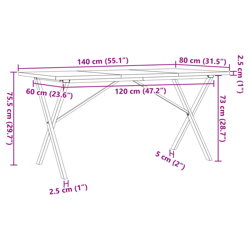 Esstisch X-Gestell 140x80x75,5 cm Massivholz Kiefer & Gusseisen