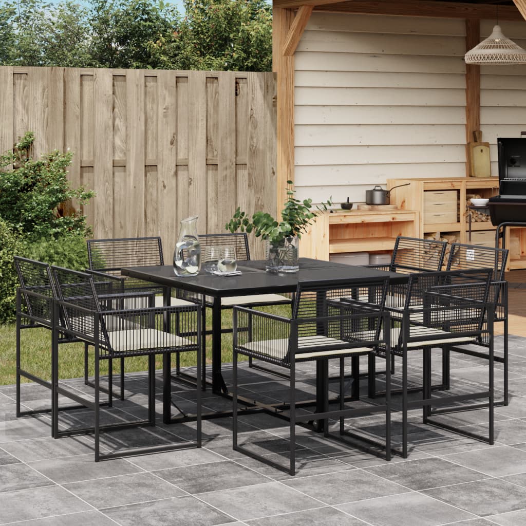 9-tlg. Garten-Essgruppe mit Kissen Schwarz Poly Rattan