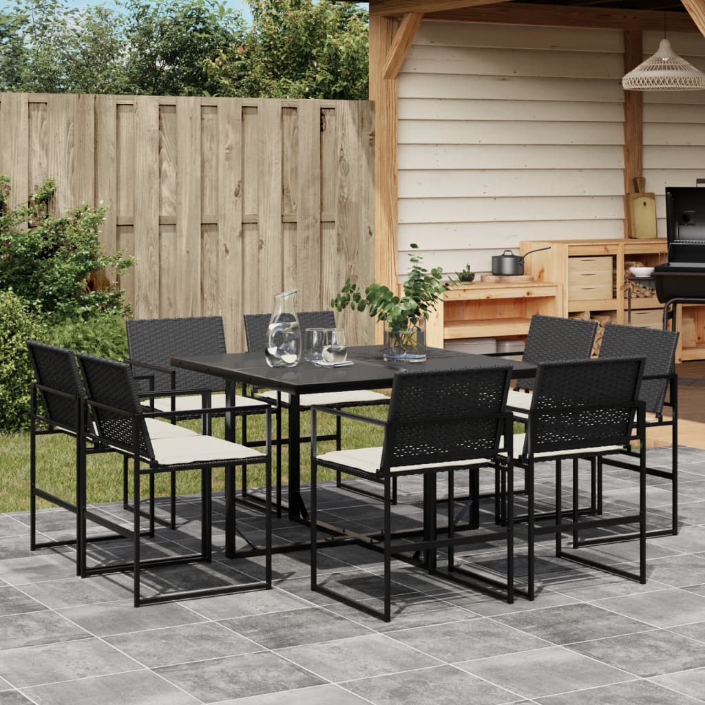 9-tlg. Garten-Essgruppe mit Kissen Schwarz Poly Rattan