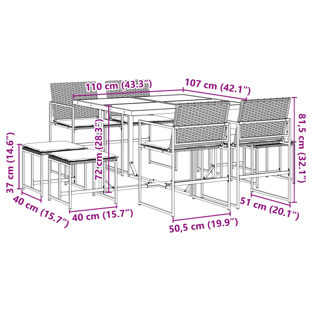 9-tlg. Garten-Essgruppe mit Kissen Schwarz Poly Rattan