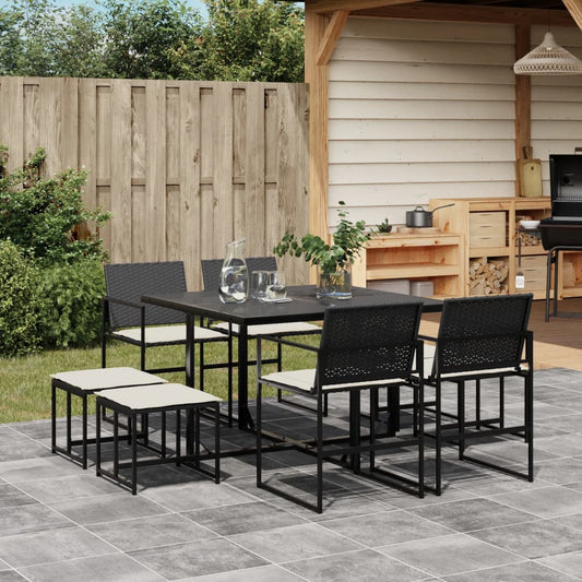 9-tlg. Garten-Essgruppe mit Kissen Schwarz Poly Rattan