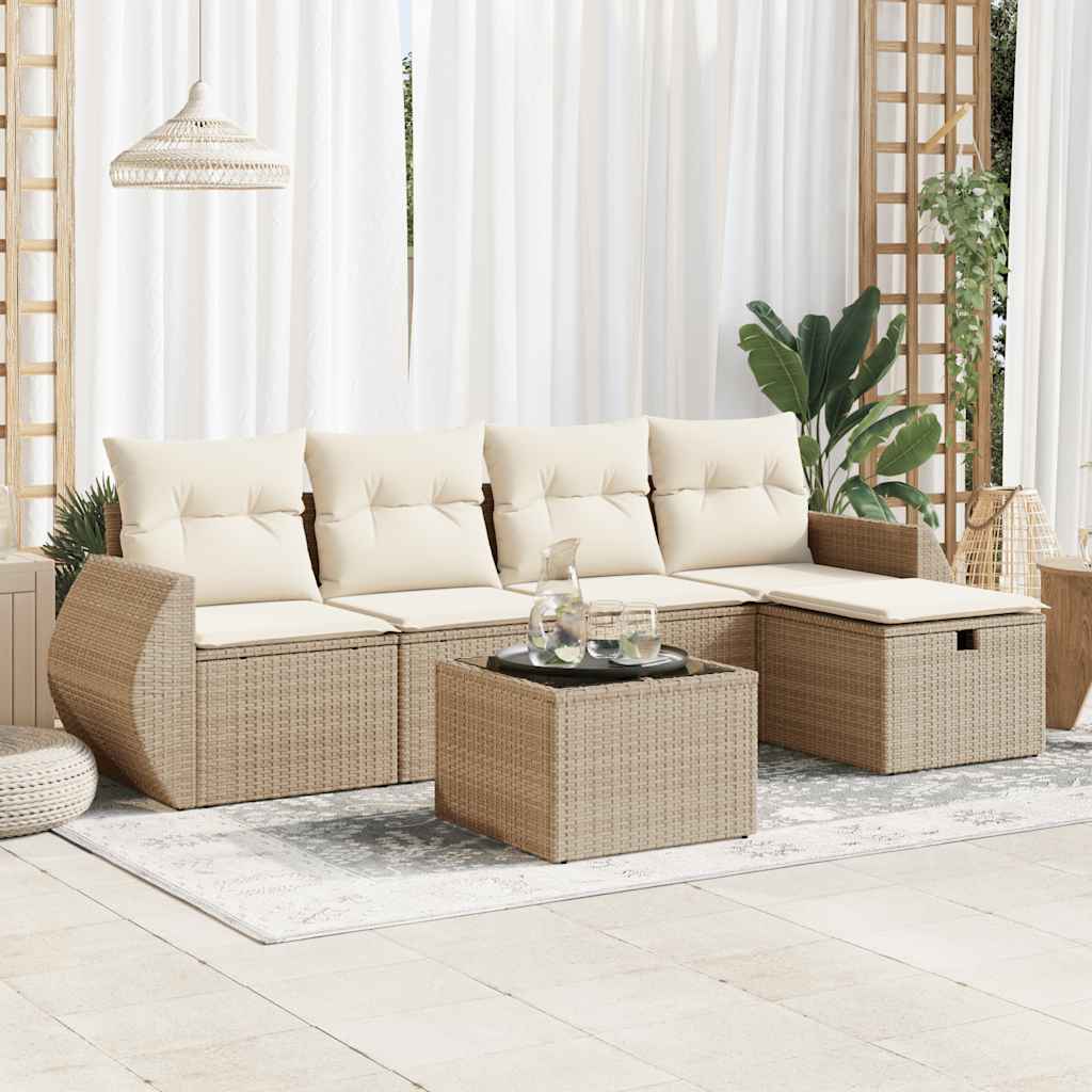 6-tlg. Garten-Sofagarnitur mit Kissen Beige Poly Rattan